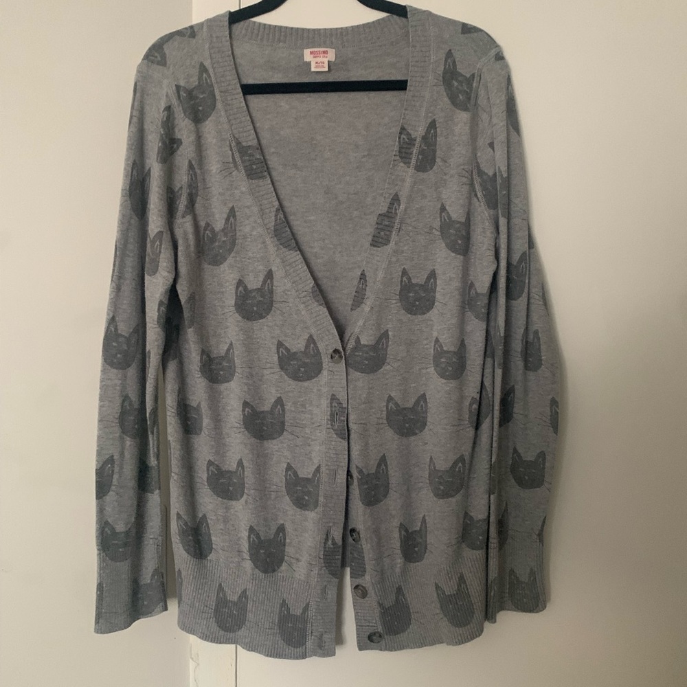 Grey Cat Patterned Cardigan Sweater